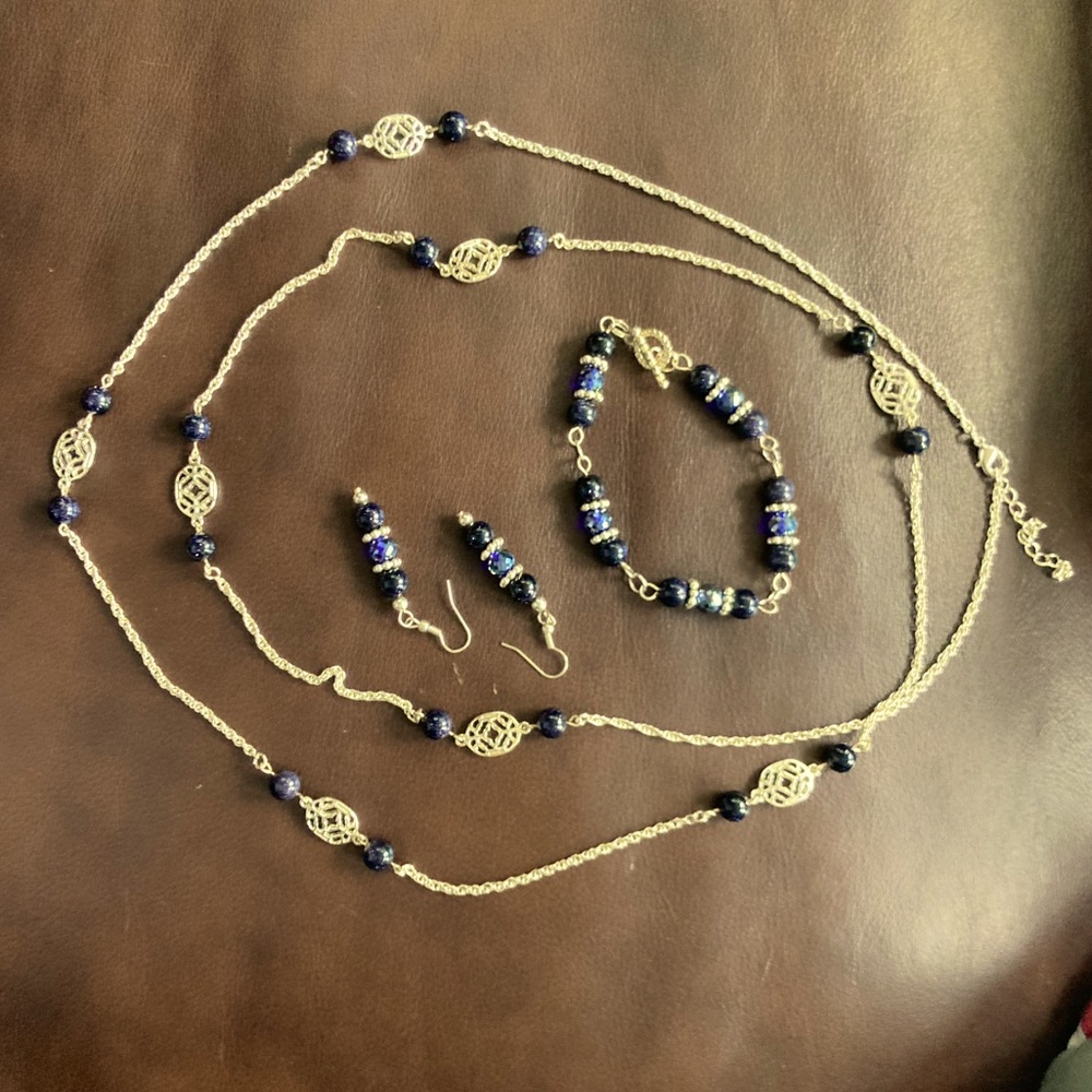 Silver tone necklace, bracelet and earrings set. Goldstone and Czech glass beads